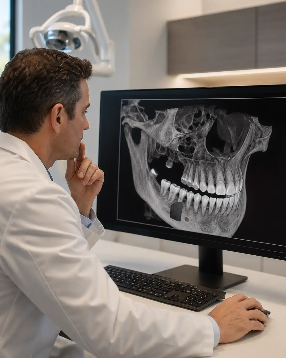 Dentist reviewing a 3D cone-beam CT scan of a patient's jaw before placing a dental bone graft at Village Dental in Brier Creek, Raleigh, NC