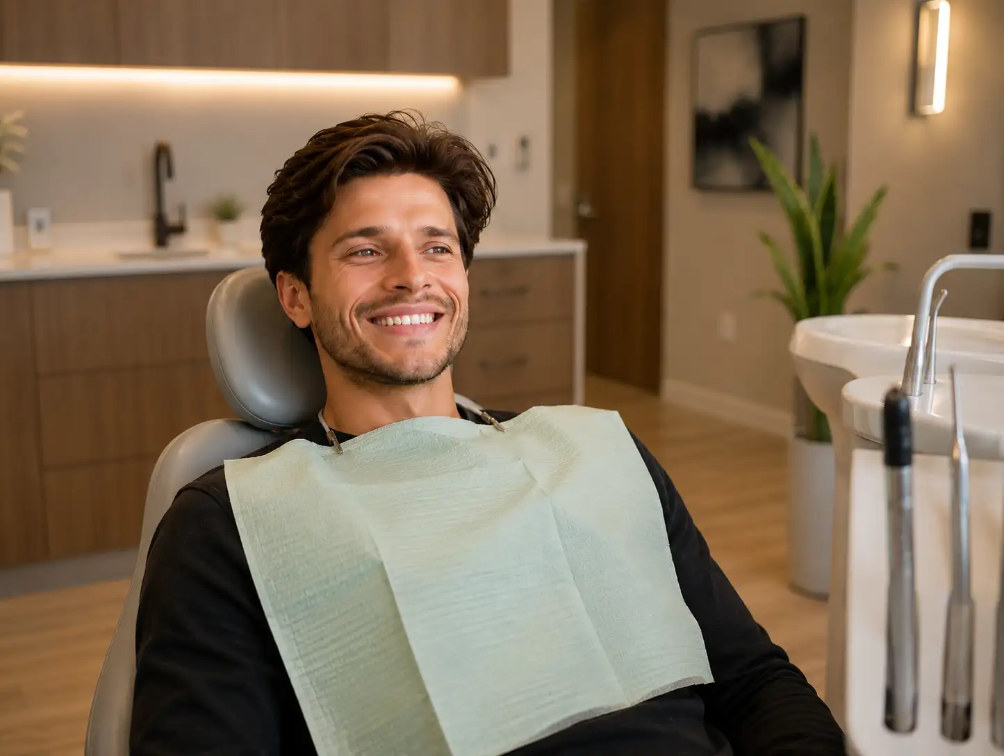 A relaxed patient in a comfortable dental chair at Village Dental in Raleigh, NC