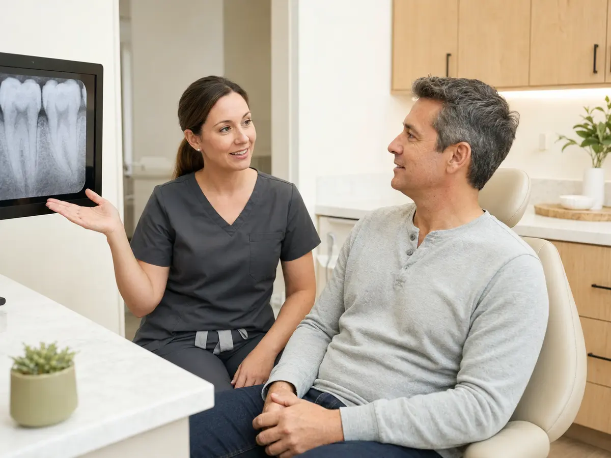 A dentist explaining a digital tooth X-ray to a patient during an urgent evaluation