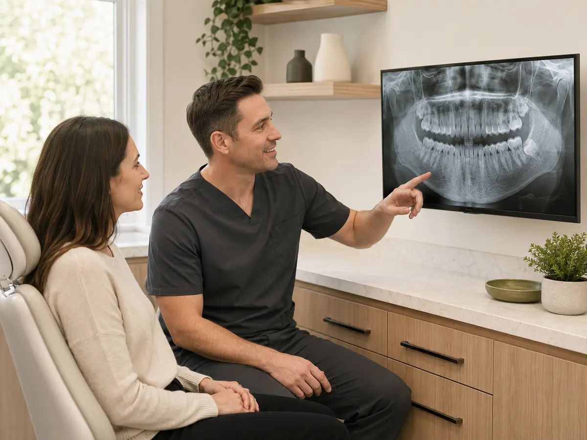 A Raleigh dentist reviewing digital dental X-rays with a patient