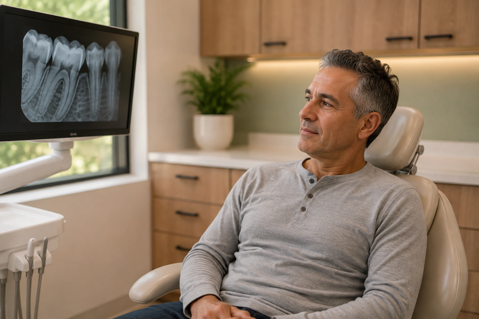 A patient reviewing a digital tooth X-ray during an urgent dental evaluation at Village Dental