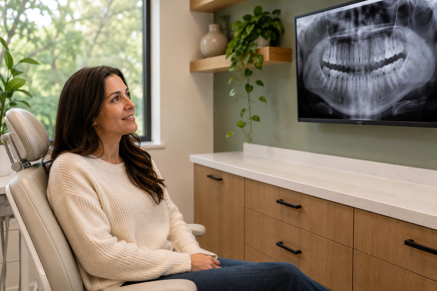 A patient reviewing her digital dental X-rays at Village Dental in Raleigh