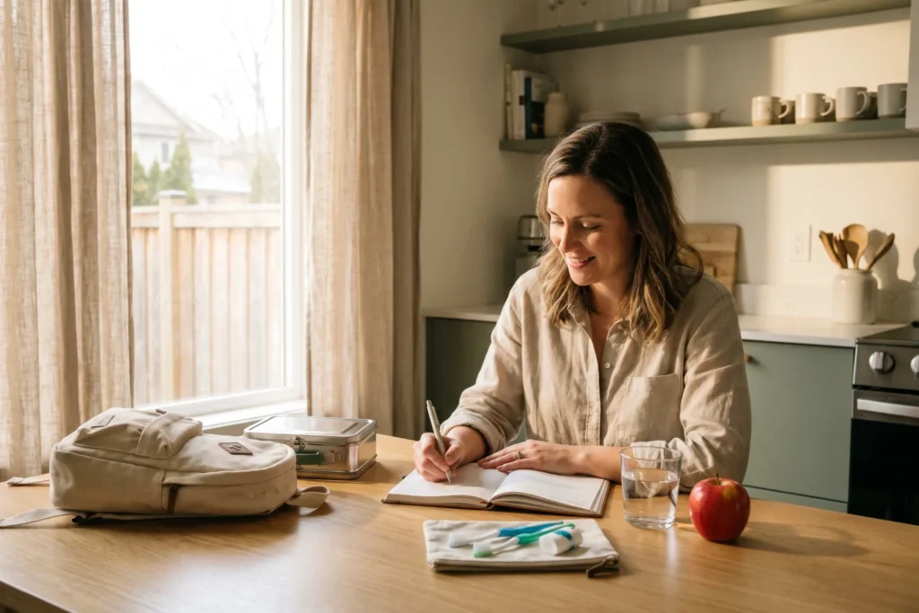 Parent planning the school week at a kitchen table with a backpack, lunchbox and new toothbrushes ready for back to school