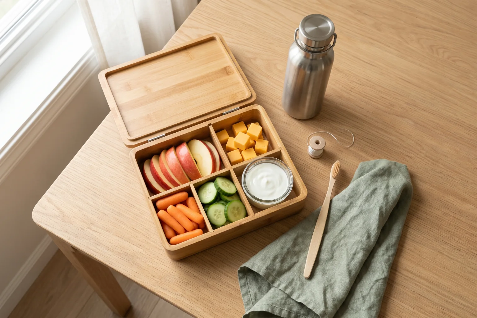 Tooth-friendly school lunch with apple slices, cheese, carrots, cucumber and yogurt beside a water bottle, toothbrush and floss