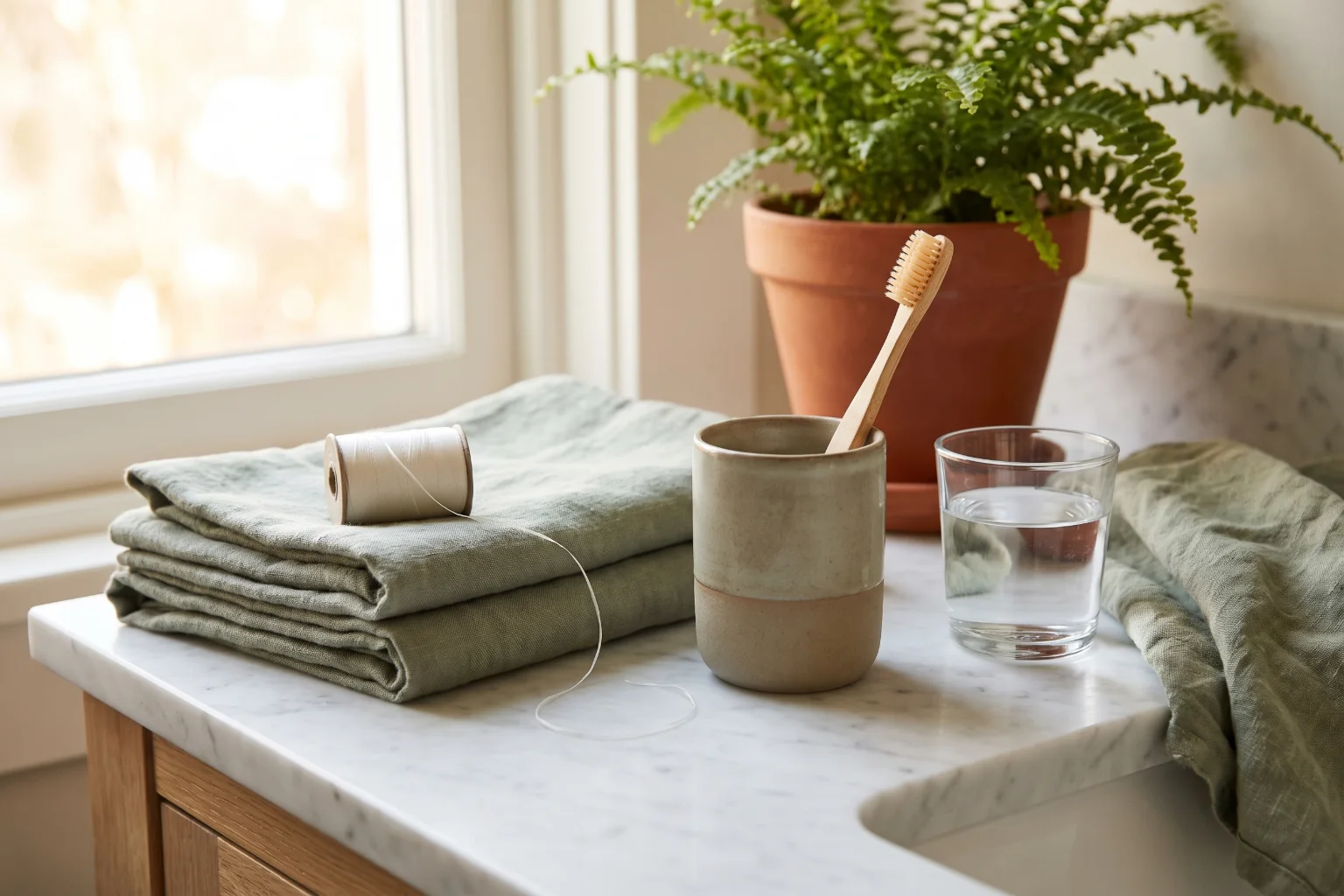 Dental floss, a soft-bristle toothbrush and a glass of water on a bathroom counter