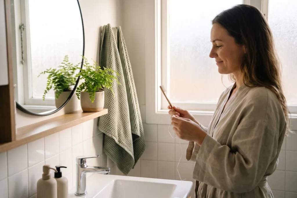 Woman at a bathroom sink holding a soft toothbrush and dental floss as part of a daily gum care routine