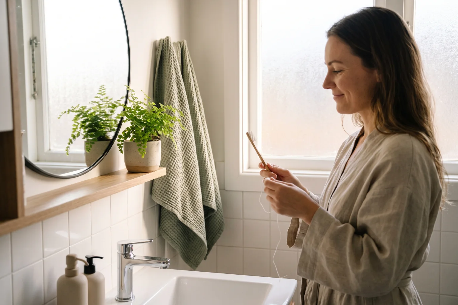 Woman at a bathroom sink holding a soft toothbrush and dental floss as part of a daily gum care routine