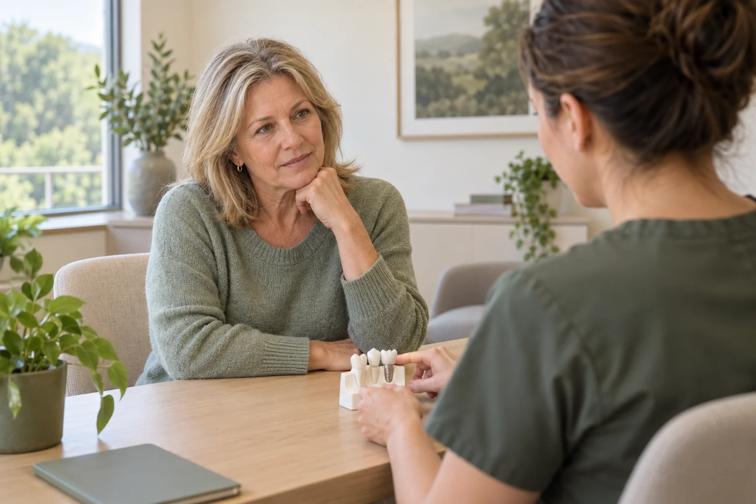Illustrative dental consultation with a woman discussing tooth replacement and a dental model