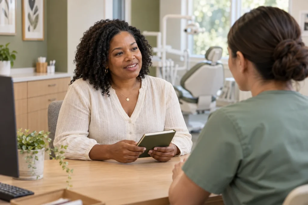 Illustrative consultation with a woman holding a notebook and talking comfortably with a dental professional