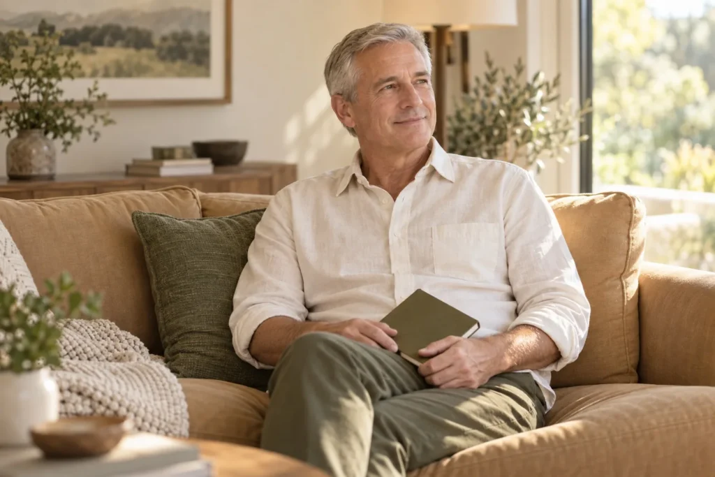 Silver-haired man relaxing on a tan sofa at home with a notebook in his lap