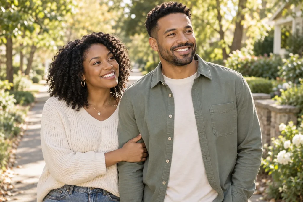 A smiling couple walking together outdoors